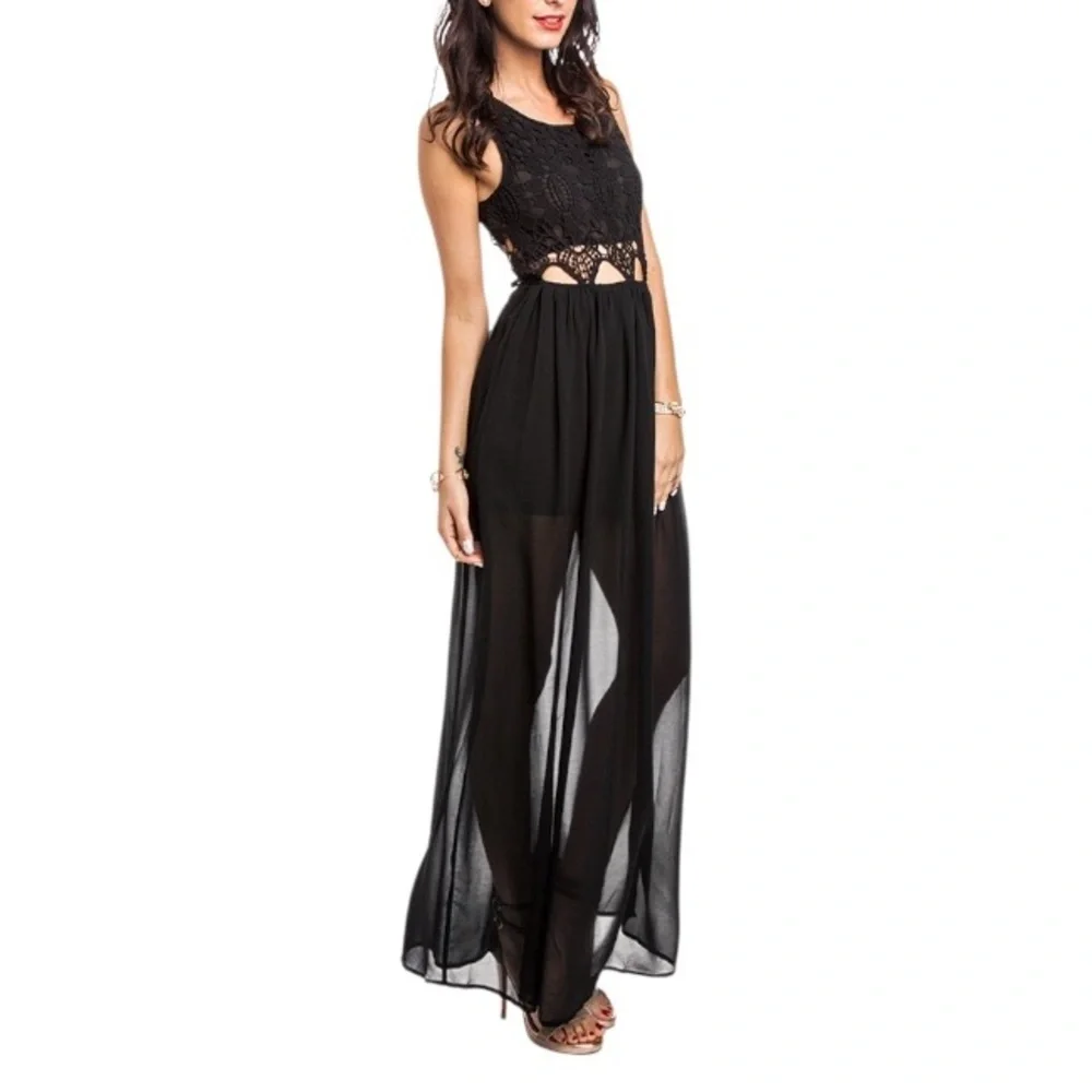 L’ATISTE BY AMY Black Crochet Sheer Side zíper Elastic Waist Maxi Dress Size M - Picture 2 of 16